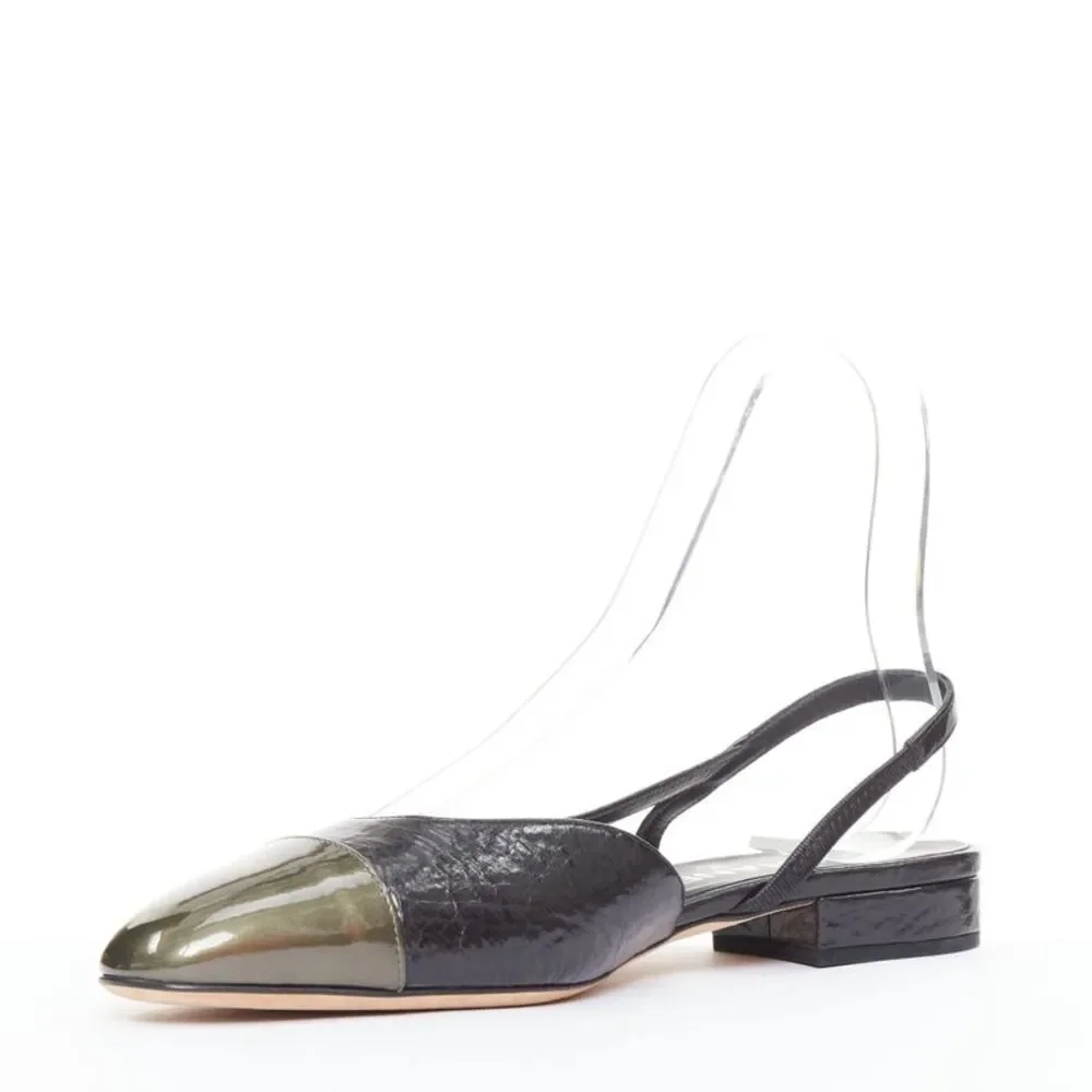 Chanel two tone gunmetal cap toe black leather flats